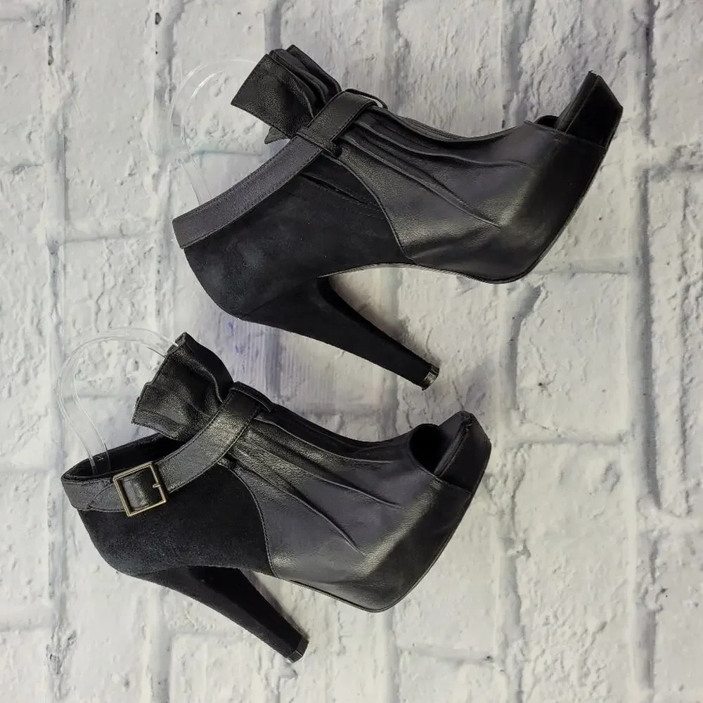 Jenni Kayne Black Suede & Leather Pleated Ankle Peep Toe Boots size 38